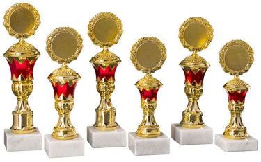 Sechs Trophäen der 6er-Pokalserie Pokal Straubing mit einer Höhe von 197 mm bis 265 mm und runden Plaketten auf Marmorsockeln sind in einer Reihe ausgestellt und dienen als stolzes Erinnerungsstück an vergangene Auszeichnungen.